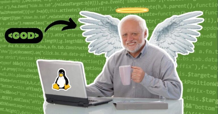 Um idoso segurando uma caneca está sentado de frente para um notebook. Ele está fantasiado de anjo, representando um “deus” programador.