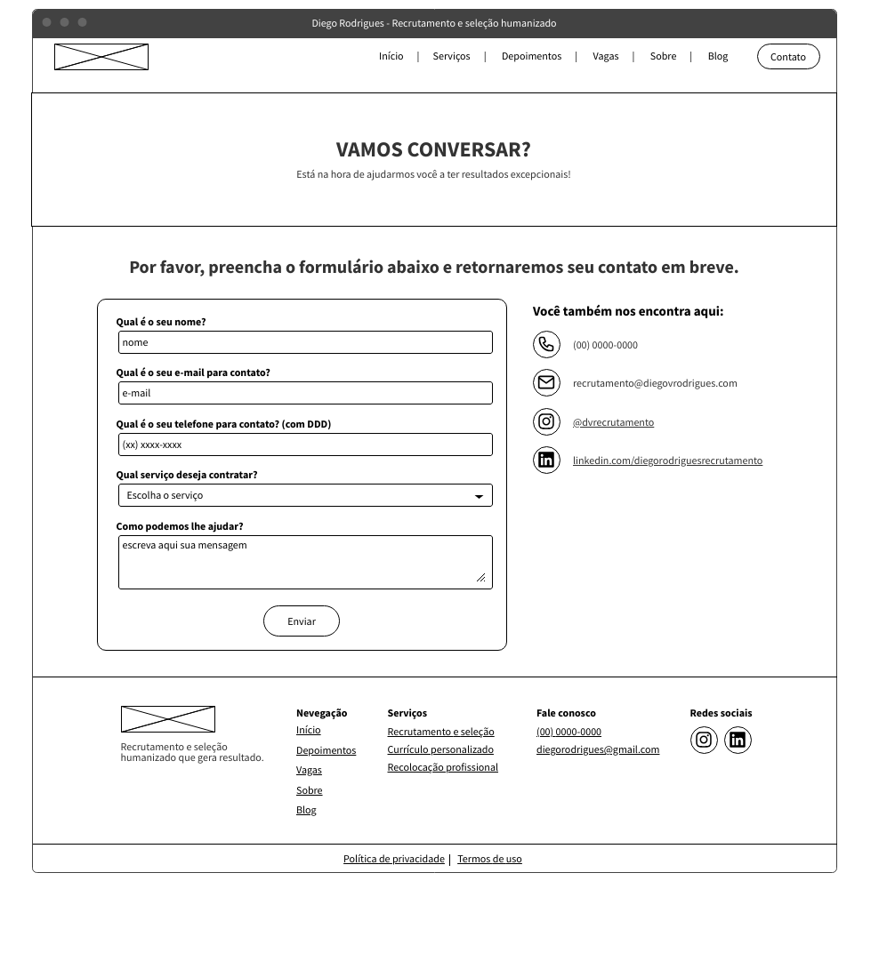 Wireframe página de contato