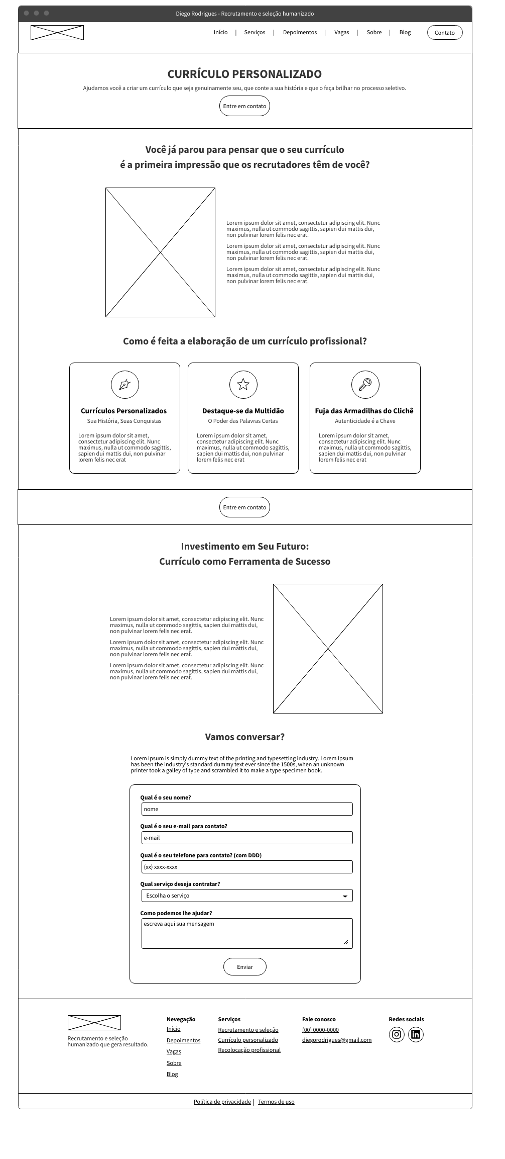 Wireframe página de currículo personalizado