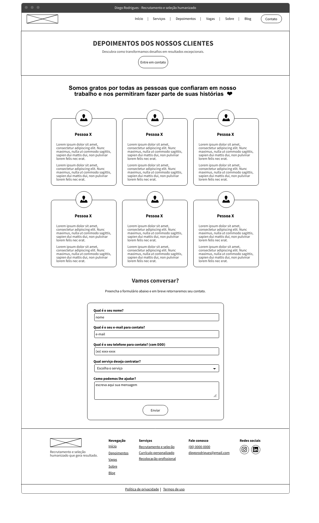 Wireframe página de depoimentos de clientes