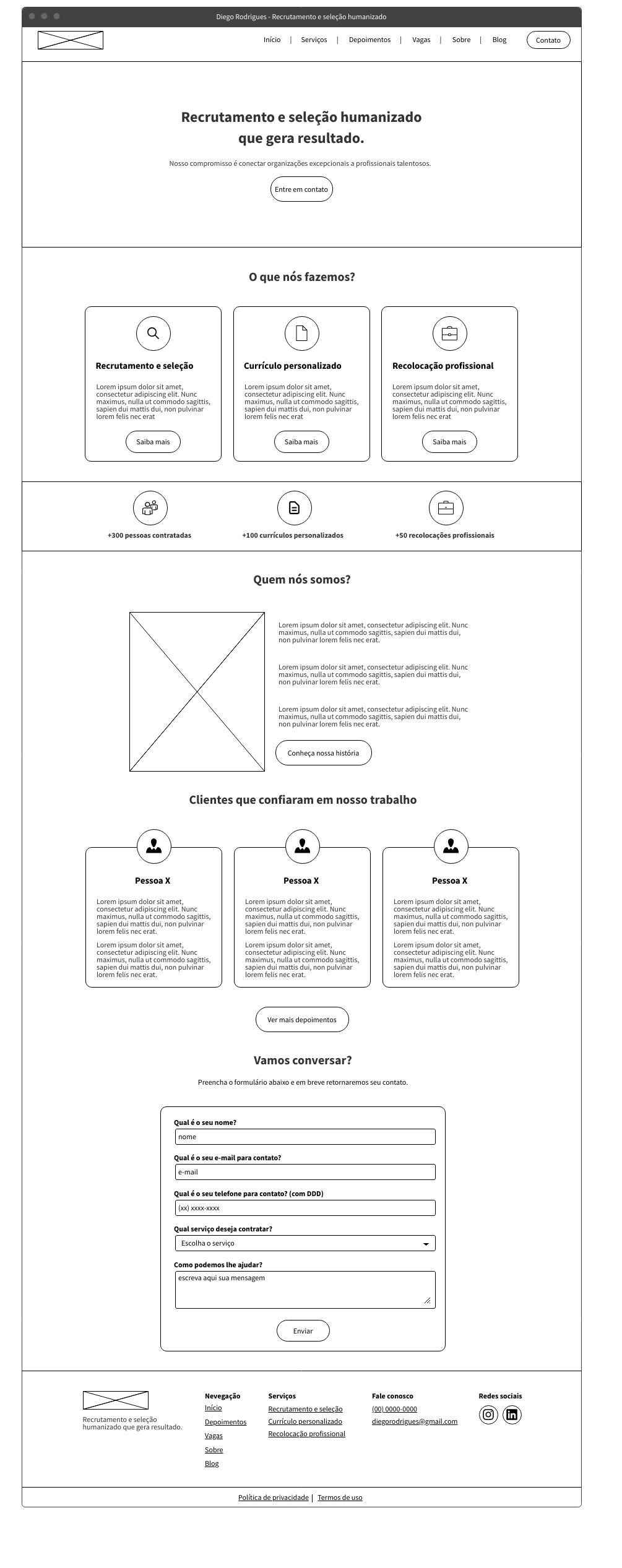 Wireframe página inicial