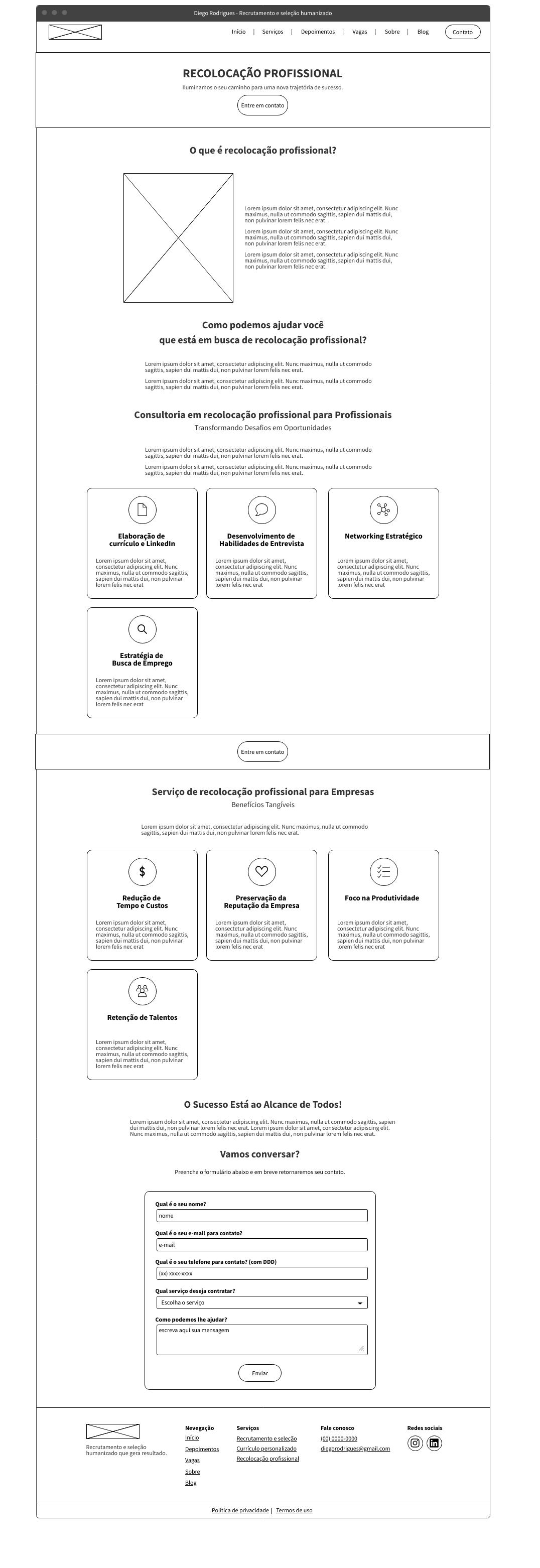 Wireframe página de recolocação profissional