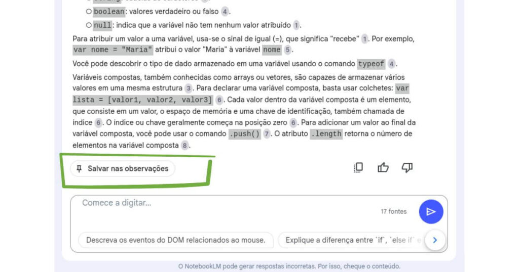 Salvar observações das respostas do chat do Notebook LM