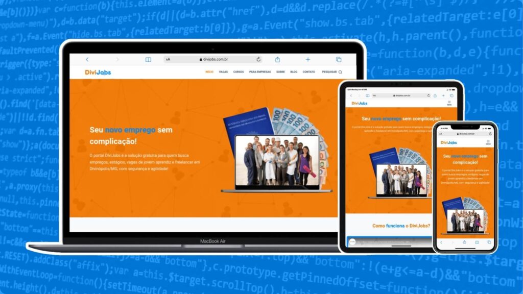Site do cliente "DiviJobs" na versão de computador, tablet e celular.